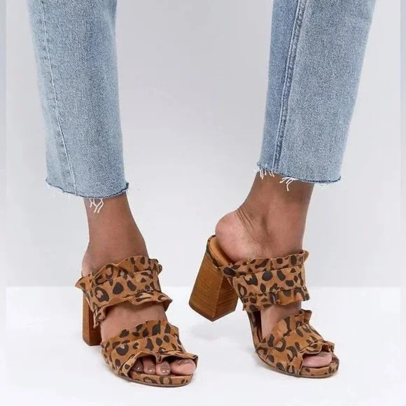 Leopard Print Ruffle Strap Block Heel Mules - Brown - Picture 4 of 13